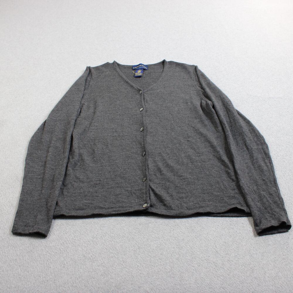 Charter Club Merino Wool Cardigan Sweater Women Large Gray Button Heritage READ